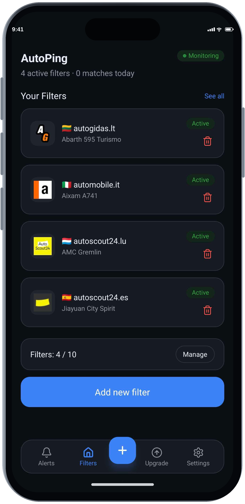 AutoPing filters screen listing active saved searches across autogidas, automobile.it and autoscout24