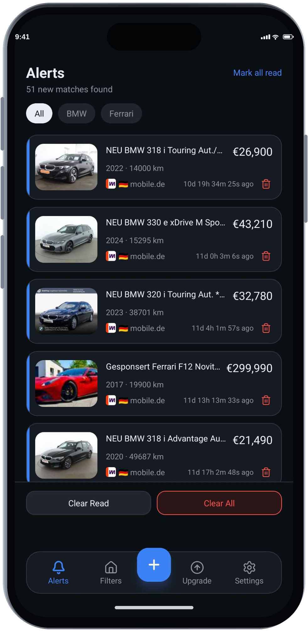 AutoPing alerts feed showing new BMW and Ferrari matches from mobile.de