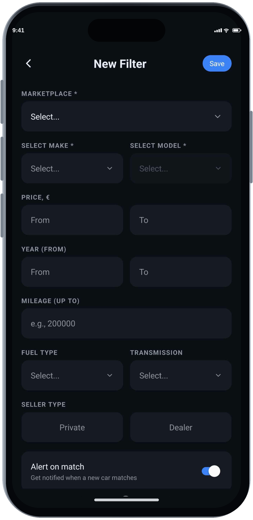 AutoPing new filter form with marketplace, price, year and mileage fields